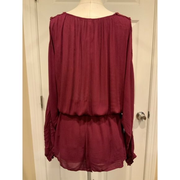 Free People Maroon Long Cold Shoulder Romper W/ Shorts & Tan Embroidery, Size S - Picture 7 of 9